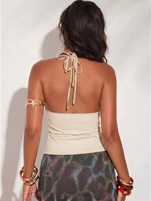 SHEIN BAE Brown Beaded Fringe Backless Knit Top, Suitable For Beach, Casual Holidays, Outings, Beaded Top, Beach Top, Music Festivals, Carnival Parties, Ibiza,Summer Top - Apricot - View 2