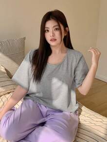 Dazy Plus 两件套加大码女式条纹露脐上衣和长裤睡衣套装，春/秋/夏季 - 灰色 - 查看 5