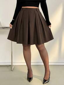 Auralis Spring/Autumn New Office Formal Lady Pleated Midi Skirt, Chocolate Brown Plaid Pattern, Elegant Commuter Style, Plus Size Back-To-School Fall - Brown - View 2