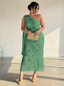 Firerie Plus Size Women's Sage Green Summer Elegant Wedding Guest Asymmetrical Shoulder Bodycon Maxi Dress, Fashion Party Beach Vacation Outfit - Green - View 5