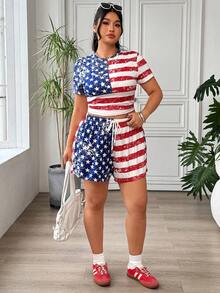 SHEIN EZwear 大尺碼女款美國國旗數位印花星條紋圖案圓領短袖上衣與短褲休閒兩件套 - 彩色 - 查看 6