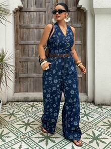 Dazy Plus All-Over Ditsy Floral Tie-Up Backless Casual Loose Wide Leg Denim Jumpsuit, Plus Size Women Spring/Summer Vacation Outfits Women - Dark Wash - View 5