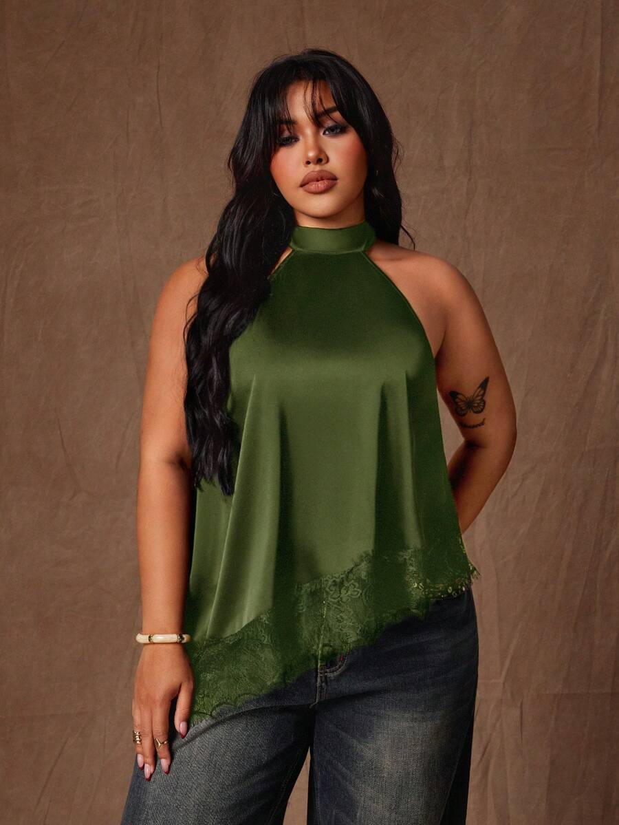 Rustia Plus Size Elegant Satin & Lace Patchwork Asymmetrical Blouse - Dark Green - View 1