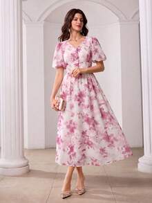 Modelyn V-Neck Petal Sleeve Chiffon Floral Print Front Button Closure White Floral Dress Tea Party Vacation Summer Elegant - Pink - View 8
