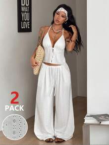 Coolane Women's Solid Color Halter Tie Ruched Top And Wide Leg Pants Casual 2-Piece Set - White - View 4