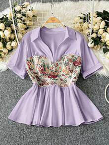 Rometta Plus Size Women's Elegant A-Line Short Sleeve Waist Cinched Vintage Jacquard Asymmetric Color Block V-Neck Peplum Top - Purple - View 1