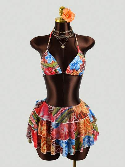 Zestiva 2026 Spring/Summer New Leopard Floral Print Women's 3-Piece Swimsuit Set, Bikini With Cake Ruffled Sheer Cover-Up, Fashionable Slimming Cute Elegant Sexy Casual Rock Y2K Style For Beach, Party, Beach Volleyball, Music Festival, Beach Date, Nightclub