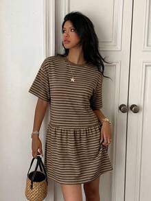 Vestido de verano para mujer, holgado, a rayas, con cuello de muñeca, informal, de manga corta, con lunares y de malla. - Marrón - Ver 5