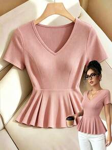 Elenzga Women's Solid Color V-Neck Short Sleeve Ruffle Rib T-Shirt, Summer - Pink - View 1