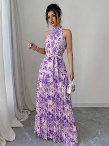 SHEIN Elenzya Đầm chữ A thanh lịch, lãng mạn, cổ bèo nhún họa tiết hoa nhí, eo xếp ly, thích hợp cho phụ nữ đi nghỉ mát, phù hợp cho kỳ nghỉ. - Nhiều màu - Xem 6
