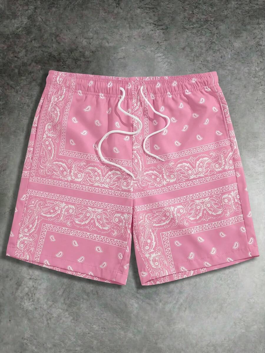 Manfinity VCAY Quần short nam mùa hè đi biển, họa tiết Paisley, cạp chun, có dây rút. - Hồng - Xem 1