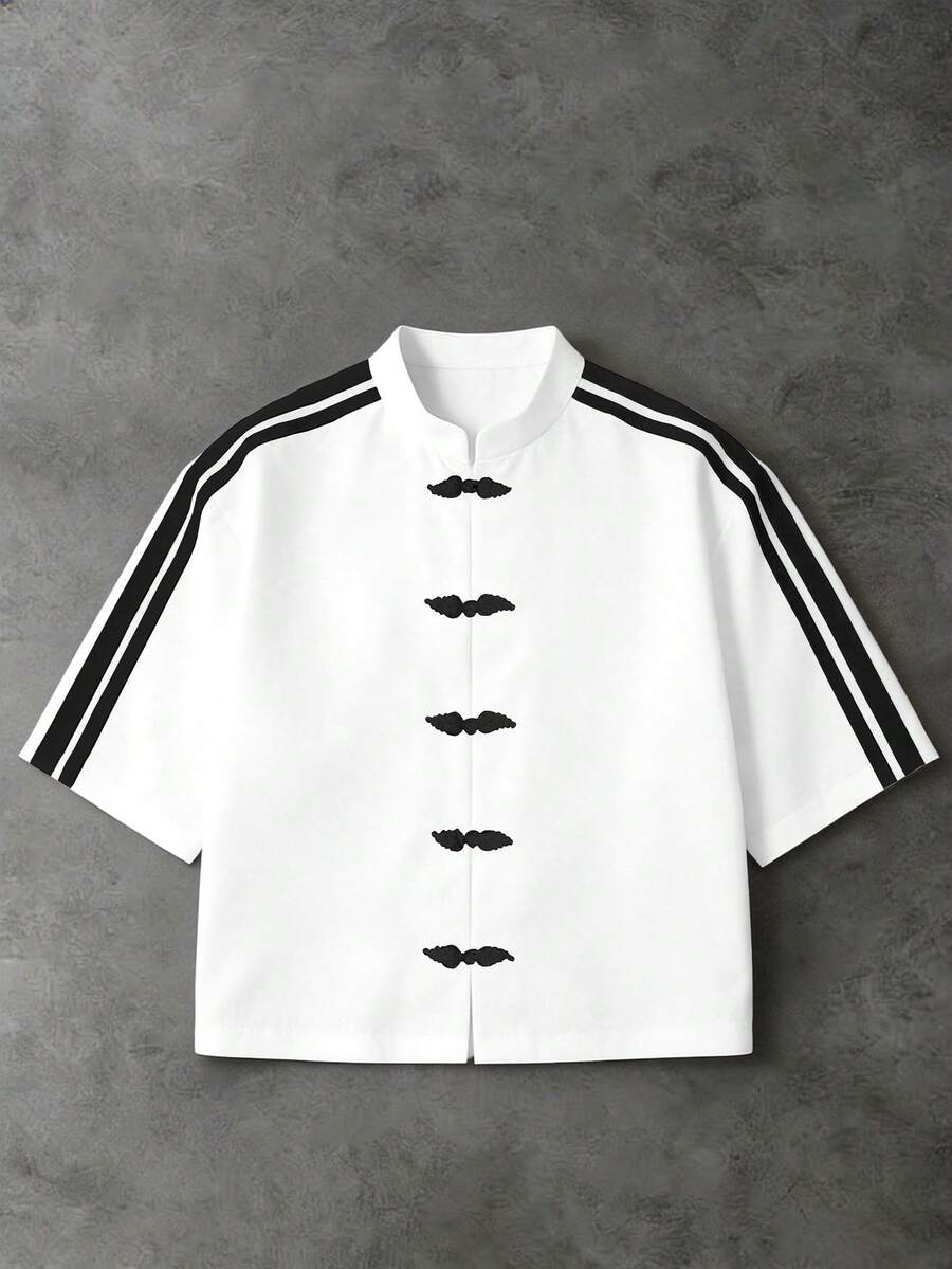 PAVTROS Camisa de manga corta con cuello Mao, cinta de contraste y botones a presión, estilo chino para hombres - Blanco - Ver 1