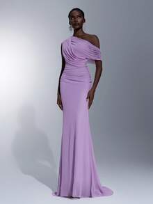 Elitara Elegant Luxurious Handcrafted Rhinestone Decorated Off Shoulder Sleeve Splice Elastic Satin Ruched Fishtail Dress,Suitable For Weddings,Parties,Balls - Maroon - View 5