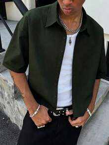 PAVTROS Men's Casual Solid Color Front Button Short Sleeve Shirt, Summer, Formal - Green - View 5