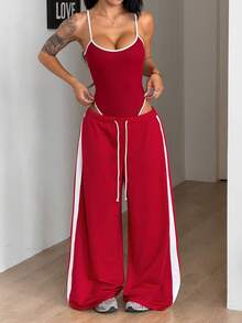 Coolane 女士夏季Y2K街头风休闲运动服日常简约运动套装弹力露背无袖连体衣和翻边阔腿运动裤红色2件套 - 紅色 - 查看 5