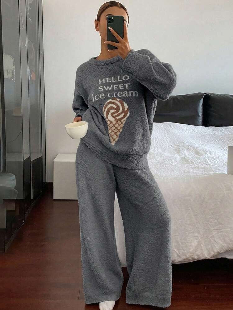 Ice Cream Print Half Fleece Knit Loose 2 Pieces Pajama Set For Women