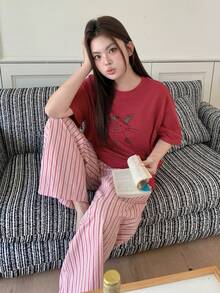 Dazy Plus 大码女士舒适短袖睡衣套装 夏季 - 紅色 - 查看 5