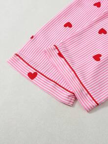 Joivida 2-Piece Pajama Set Short-Sleeved Shorts Striped Heart  Print Casual Women's Home Wear Set - Pink - View 5