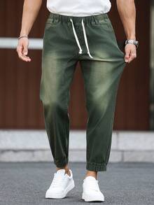 Manfinity Homme Jeans de mezclilla de uso diario versátil con bolsillos y cintura con cordón para hombres - Verde militar - Ver 8