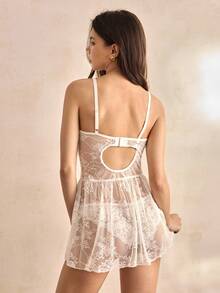 Charlaine White Full-Cup Lace Patchwork Eyelash Lace Slimming Patchwork Bow Comfortable French Italian Romantic Ladies Nightgown - White - View 3