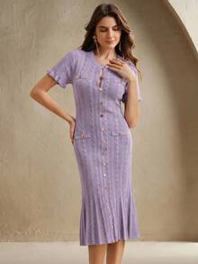 Anewsta Purple Autumn Elegant Tea Party Dress For Women,Knitted Cable Knit Buttoned Mermaid Hem Frill Trim Perforated Twist Rope Aran Solid Long Sleeve Dress - Mauve Purple - View 6