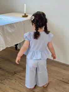 LMoss Kids 2件組女嬰編織條紋泡泡袖休閒襯衫與寬鬆長褲套裝 - 藍白色 - 查看 2