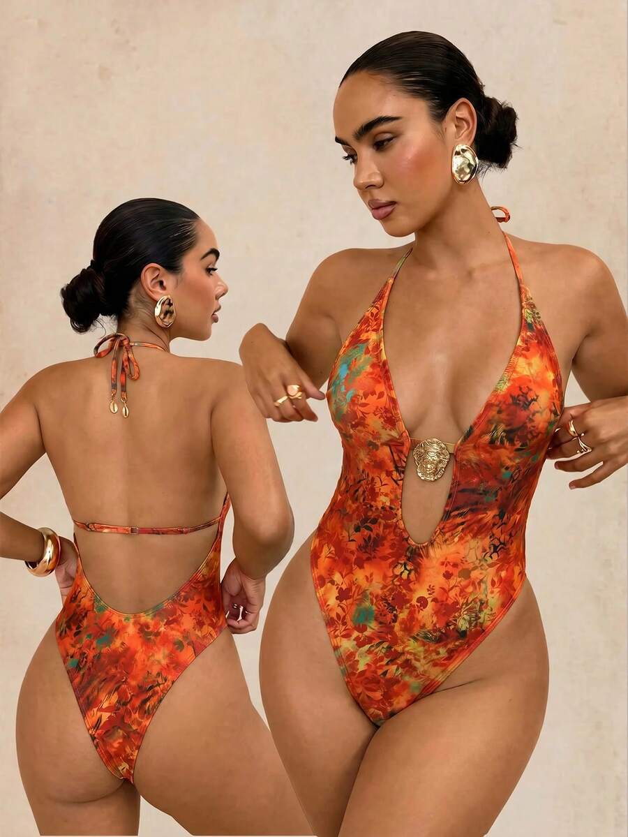 Swim Glamine 女士性感露背吊带芙蓉花印花连体泳衣,波西米亚海滩风 - 彩色 - 查看 1