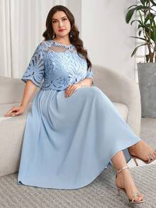 Reflora Plus Size Elegant Party Solid Color Hollow-Out Patchwork Dress - Blue - View 10