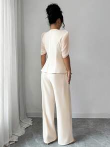 Elenzga Aprikot Chiffon Jacke mit geraffter Taille, kurzen Ärmeln, V-Ausschnitt Bluse und gerade geschnittene Hose, Zweiteiler, elegant und vielseitig für Büro und Lässig, Sommer - Aprikosenfarben - Übersicht 2