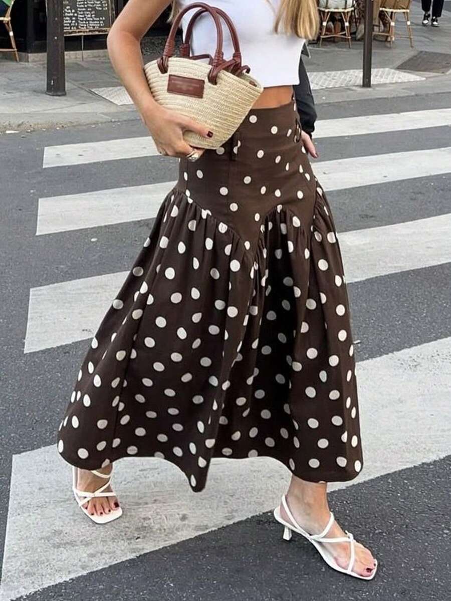 Serisse 女款棕色與白色波點高腰長裙,夏季1960年代復古荷葉邊A字長裙,優雅度假假期茶會海灘穿搭 - 棕色 - 查看 1