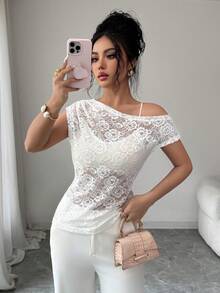 Elenzga Damen minimalistische einfarbige plissierte asymmetrische Schulter Spitzenbluse, Sommer - Weiss - Übersicht 5