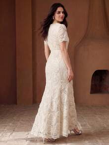 Anewsta Neu Ankunft Damen modisches figurbetontes Kleid mit Spitze, Blumenmuster, Spitzenbesatz, Perlendekor, Rundhalsausschnitt, Kurzarm, Fischschwanz-Silhouette mit Gürtel, elegant für Party, Hochzeit, Sommerurlaub - Aprikosenfarben - Übersicht 7