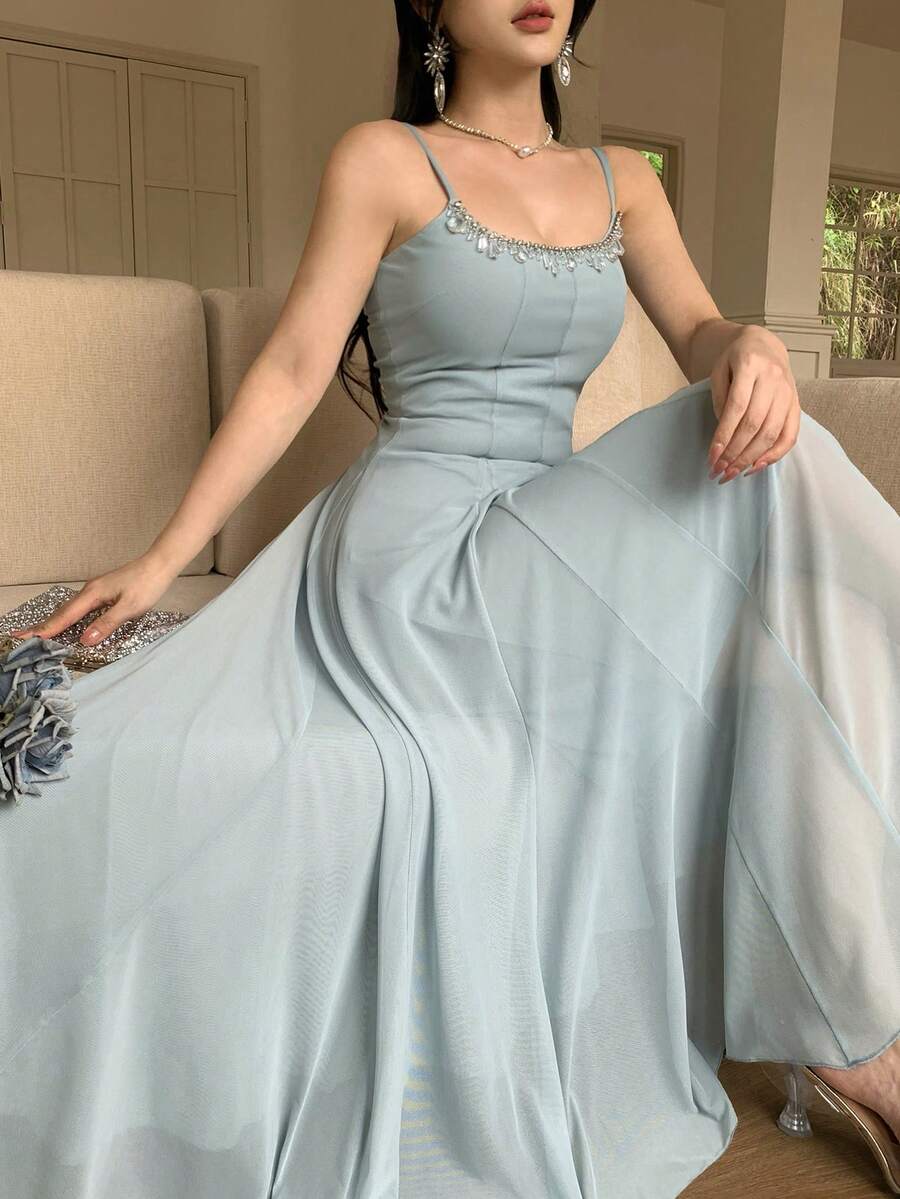 DAZY Đầm lưới thêu họa tiết cầu kỳ kiểu Pháp mùa xuân hè, dây mảnh, chân váy xòe, đầm dài thanh lịch cao cấp dành cho kỳ nghỉ biển của phụ nữ. - Màu xanh lam - Xem 1