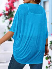 EMERY ROSE Plus Size Vacation Solid Color Asymmetric Hem Batwing Sleeve Casual Jacket,Spring/Summer Fall - Blue - View 4