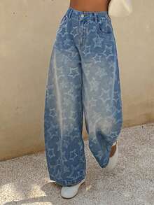 DAZY Cotton Vintage Star Pattern Textured Loose Straight Leg Washed White Baggy Women Jeans - Blue - View 9