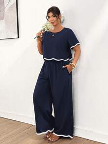 Lounesse Plus Size Casual Vacation Woven Trim Top And Pants 2 Pieces Set - Navy Blue - View 5