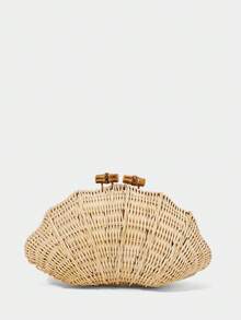 SHECARRY Bolso de mano de verano de mujer tejido a mano con concha y ratán en color beige, con una forma llamativa, ligero y versátil, adecuado para vacaciones, playa y estilo bohemio - Beis - Ver 5