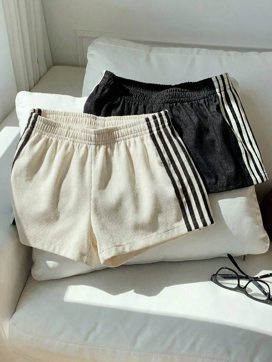 Comfortcana 2 chiếc quần short nữ cạp chun co giãn, kiểu dáng thường ngày đa năng. - Đen và trắng - Xem 1