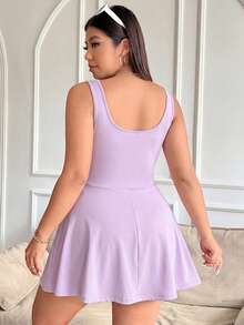 Solflare Purple Lilac Plus Size Sleeveless Dress With Pockets & Shorts, Solid Color Jumpsuit - Lilac Purple - View 2