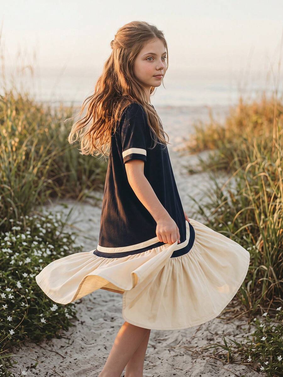 DAZY Tween Girls Round Neck Color Block Mid-Length Short Sleeve Dress Sun Dresses For Girl Summer - Apricot - View 1