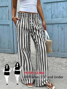 SHEIN PETITE CURVE Quần ống rộng kẻ sọc cạp chun dáng casual - Đen và trắng - Xem 1