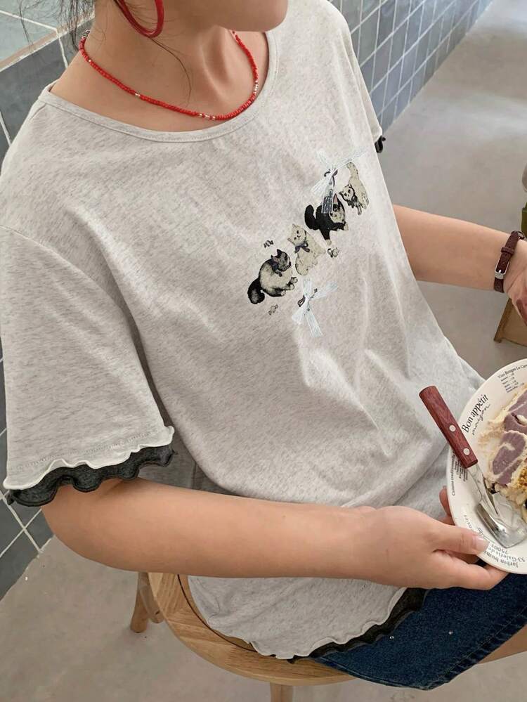 Dazy Plus Cartoon Print Bow Ruffle Trim Round Neck Short Sleeve T-Shirt, Plus Size Women, Spring/Summer