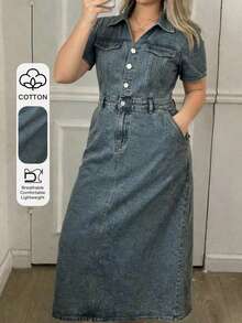 Dazy Plus Plus Size Dark Wash Blue Short Sleeve Fitted Maxi Denim Dress, Summer Denim Apparel Sun Dresses For Women - Medium Wash - View 1