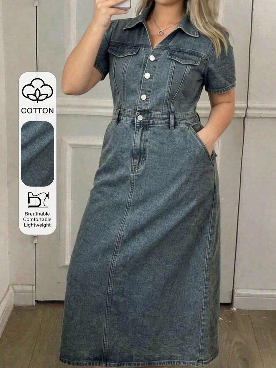 Dazy Plus Plus Size Dark Wash Blue Short Sleeve Fitted Maxi Denim Dress, Summer Denim Apparel Sun Dresses For Women - Medium Wash - View 1