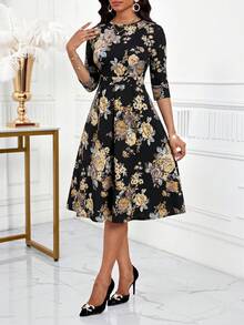 SHEIN Lady Đầm nữ thanh lịch, họa tiết hoa, dáng dài ngang gối, màu đen, thích hợp cho công sở. - màu đen - Xem 3