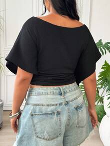 SHEIN EZwear Black Casual Textured Plus Size Fitted Pleated T-Shirt For Women Formal Holiday Summer - Black - View 2