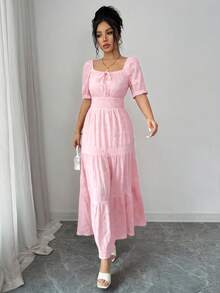 Elenzga Women's Elegant Waist Tie Petal Sleeve Dress, Summer - Baby Pink - View 4