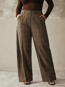 Anewsta Plus Size Women's Plaid Wide-Leg Suit Pants, Brown, Lightweight Luxury Niche Design, British Style, Suitable For Commuting, Daily Wear And Outings - Brown - View 1