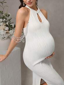 Cheriluna Maternity 孕妇纯色高开衩镂空修身无袖连衣裙，适合拍照 - 白色 - 查看 6