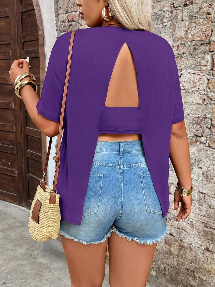 Breezaya Plus Size Women's Casual Solid Color Backless T-Shirt, Versatile For Daily Wear, Romantic For Dates And Commuting, Spring/Summer - Purple - View 1